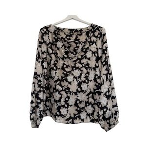 NWT Ann Taylor Factory Black White Cream Floral Cowl Neck Blouse Size Large